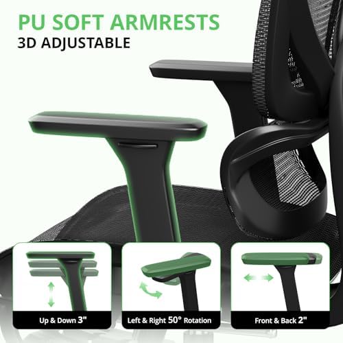 Synorla Ergonomic Office Chair with Footrest, Mesh Desk Chair with 135° Recline, Adjustable Lumbar Support, 3D Armrests and Headrest, Swivel Computer Chair for Home Office