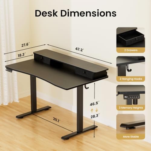 47.2 x 27.6 Electric Standing Desk with Drawers, Black