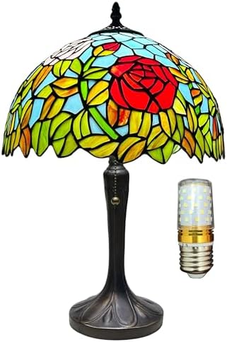 Tiffany Lamp Stained Glass Table Lamp 12X12X18 Inch Rose and Leaf Tiffany Style Desk Lamp for Living Room Bedroom Study Home Office,Include LED Bulb