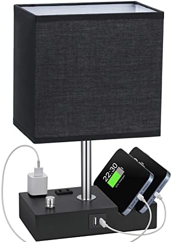 Black Table Lamp for Bedroom - Stepless Dimmable, USB C+A, 2 AC Outlets