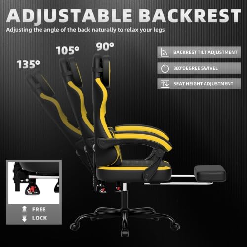 Ergonomic Gaming Chair with Footrest & Massage Lumbar Pillow, Height Adjustable 360° Swivel Computer Chair, Linked Armrest & Headrest for Office Gaming (Black Yellow)