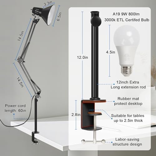 LED Clamp on Desk Lamp, 360°Adjustable Swing Arm Desk Lamp