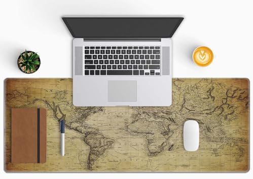 Gaming Mouse Pad Large, Keyboard Mouse Mat Desk Pad, Non-Slip Rubber Base with Stitched Edges Mousepad, 31.5X11.8 inch Vintage Retro World Map
