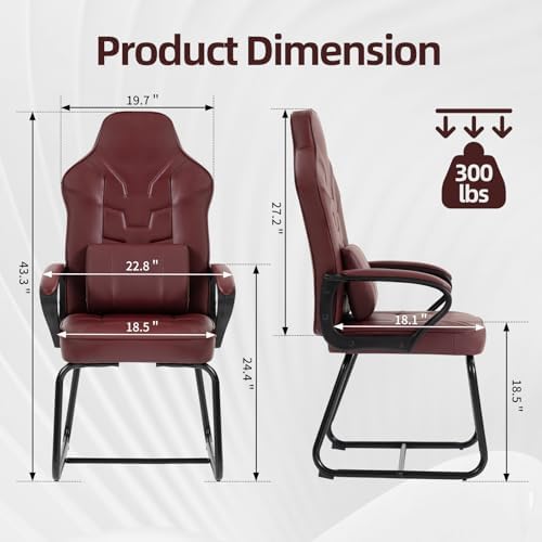 Leather Office Guest Chair No Wheels High Back Computer Reception Chairs with Padded Arms Waist Pillow for Gaming Meeting Conference Waiting Room, Red