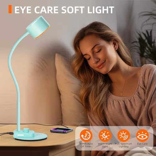 LiFMIRA Desk Lamp, Bedside Reading Lamp with USB C + A Charging Ports Teal