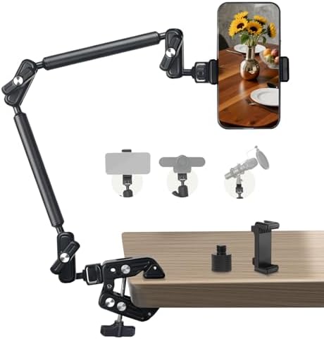22" Magic Arm Clamp, Overhead Phone Mount Holder Stand, Flexible Desk Camera Mount, Articulating Friction Boom Arm with 1/4" 3/8" Threads for Phone, DSLR, Action Camera,Filming, Light, Webcam, Mic