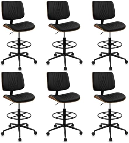 CLATINA Drafting Chair for Standing Desk, PU Leather Armless Tall Office Chairs with Adjustable Footrest Ring, Extended Height Ergonomic High Swivel Computer Chair with Bend Wood Backrest, Black, 6PK