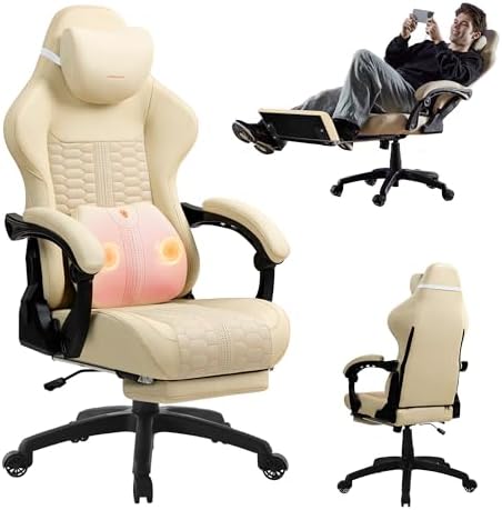 Dowinx Big & Tall Vintage Gaming Chair for Adults, 400 lb Capacity Heavy Duty Ergonomic Computer Chair with Massage Lumbar, Footrest & Easy Side Recline, Beige