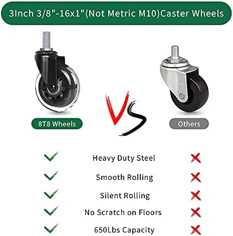 8T8 3 Inch Office Chair Caster Wheels Heavy Duty, Set of 5, 3/8"-16x1 (Not Metric M10), Threaded Stem Casters with Flange Nuts, Replacement PU Rubber Wheels, Safe for Hardwood Tile Floors…