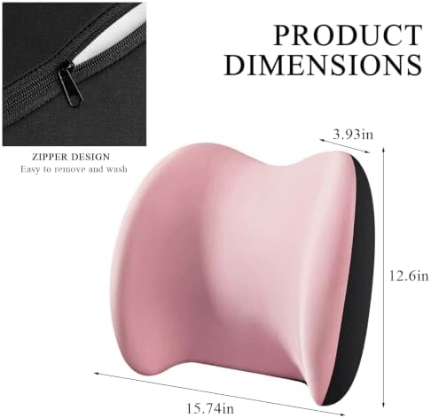Car Lumbar Support Cushion, Ergonomic Memory Foam Car Back Support w/Removable Cover, Universal Breathable Lumbar Cushion Back Support Pillow with Adjusatble Strap (Pink)