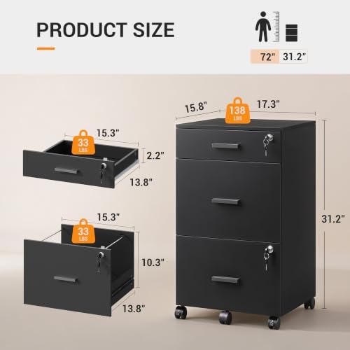 DEVAISE 3 Drawer Rolling File Cabinet with Lock, Wood Filing Cabinet fits Letter / A4 Size for Home Office, Black