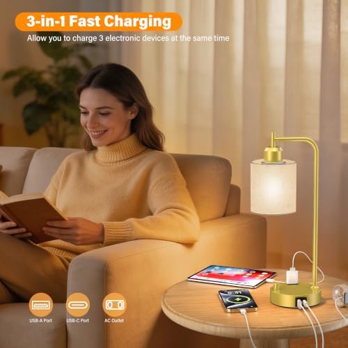 SIBRILLE Industrial Table Lamps with Linen Shade, Set of 2 Fully Dimmable Bedside Lamps with USB A+C Ports and Outlet, Gold Nightstand Desk Lamps for Bedrooms Living Room Office, 2 LED Bulbs Included