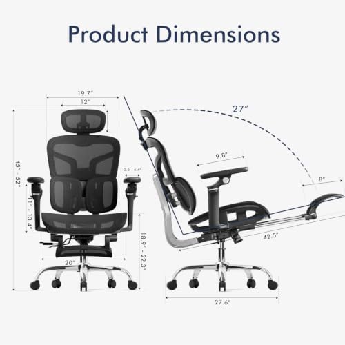 marrap Ergonomic Office Chair with Dual-Zone Adaptive Lumbar Support, Adjustable Seat Depth, 5-Position Backrest, 6D Armrests, 90°–145° Reclining Mesh Chair with Footrest for Home Office