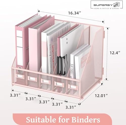 SUPEASY Desk Organizers Metal Desk Magazine File Holder with 5 Vertical Compartments Rack File Organizer for Office Desktop, Classroom, Home Workspace, Pink Plus