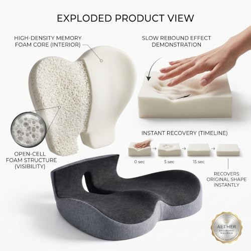 Memory Foam Office Chair Cushion with Lumbar Support Pillow – Ergonomic Desk Chair Cushion for Sciatica & Tailbone Pain Relief, L-Shaped Seat Cushion for Car, Truck, & Airplane Seat (Non-Slip Base)