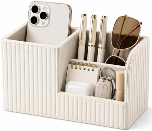 KINGFOM Desk Pen Organizer Office Supplies Caddy Pu Leather Multi-function Storage Box Pen/Pencil,Cell phone, Business Name Cards Remote Control Holder (Ivory White)