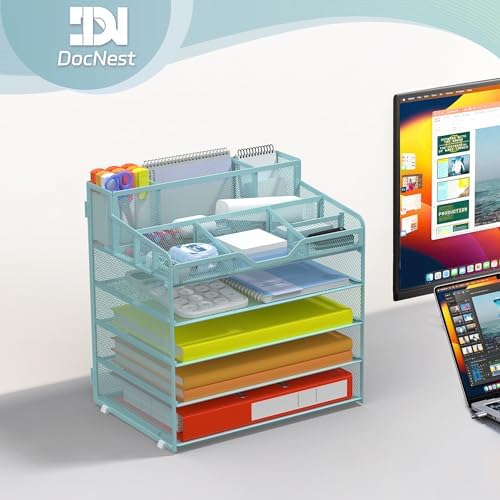 Docnest 5 Tier Mesh Desk Organizer with Letter Tray & Paper Sorter, Blue