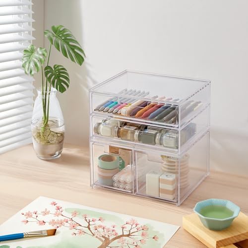 STORi Stackable Desk Organizer Drawers, Clear Pen Pencil Makeup Brush Holder for Desktops and Vanities, 4 Multi-size Drawers (Made in USA)