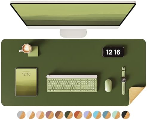 YSAGi Double-Sided Desk Pad, 35.4"x17"Leather Desk Mat, Eco Cork Desk Pad Protector,Large Mouse Pad,Waterproof Desk Blotter for Office/Home(Olive Green)