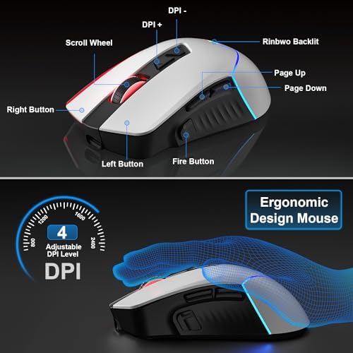 BlueFinger Wireless Gaming Keyboard and Mouse Combo, RGB Rainbow Backlit Rechargeable Battery, 87 Keys TKL Light Up Keyboard with Ergonomic Gaming Mouse for Mac Laptop Computer PC Gamer(White & Black)