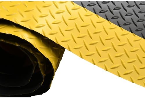 Anti-Fatigue Mat: 8' Long, 3' Wide, 1 Thick, Vinyl, Beveled Edges, Heavy-Duty - Diamond Plate Surface, Black & Yellow, for Dry Areas
