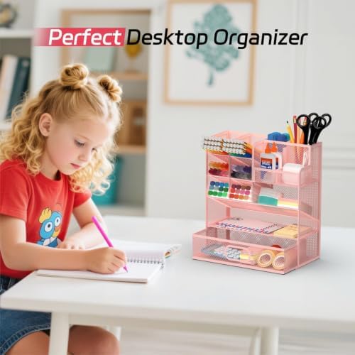 Mesh Pen Organizer for Desk, 13 Compartments with Drawer, Pink