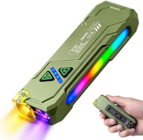 EDC Rechargeable Flat Flashlight 1000 Lumens White LED/UV/RGB Ambient Signaling Flashlights, Magnetic Clip on Pocket Light for Outdoors, Emergency, Working (1, Green, Compact)