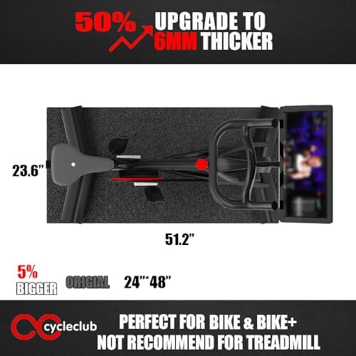 Cycleclub Bike Mat Compatible with Peloton Bike,Elliptical,Treadmill Mat, 6mm Thick, Under Exercise Bike Trainer Pad for Indoor Stationary Spin Bike Gym Equipment Hardwood Floor Carpet Protector