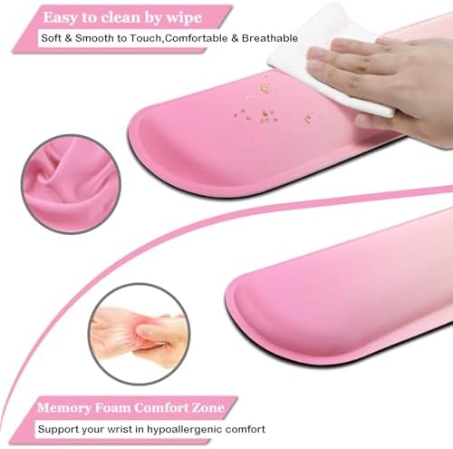BamLue Keyboard Wrist Rest, Memory Foam Pad Set for Easy Typing & Pain Relief for Laptop, Office & Home, Ergonomic Sets for Keyboard, Gel Mouse, Smooth Fiber Cushion Wrist Support, Pink Gradient