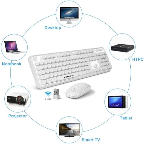 FOPETT Wireless Keyboard and Mouse Combo - 2.4G Full-Sized White Keyboard with Round Keycaps 104 Keys Typewriter Keyboard for Laptop/Windows/PC - White
