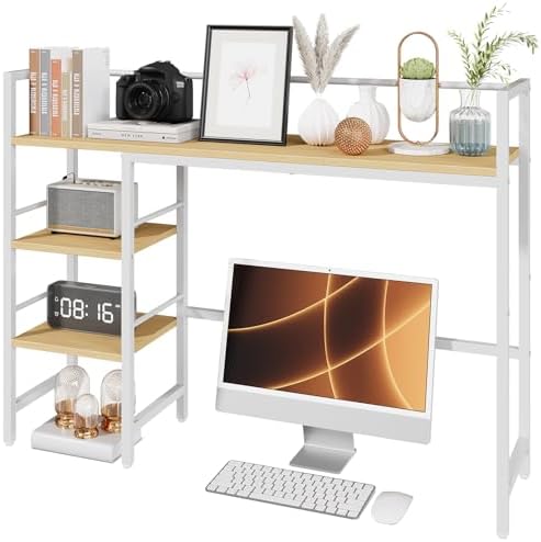HavenlyYouth Desk Shelf, 38.6 Inch Wood Desk Organizer Shelf for Computer Monitor, Desk Hutch Storage, Desktop Shelf for Top of Desk, 3 Tier Desktop Bookshelf for Home Office Dorm, White