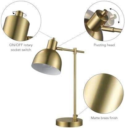 Globe Electric 61000058 18" Desk Lamp, Matte Brass Finish, Metal Shade, Adjustable Pivot Joint, Rotary Switch, Modern Lighting for Bedroom or Office, Timeless, Lights for Home, E26 Base