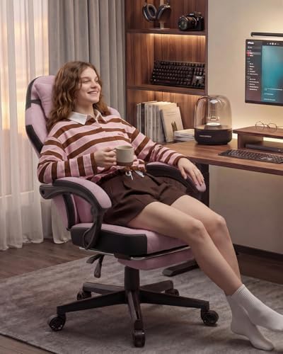 Dowinx Gaming Chair, Fabric Gaming Chairs for Adults with Pocket Spring Cushions and Lumbar Support, Ergonomic Massage Computer Chair with Footrest for Big and Tall, Pink