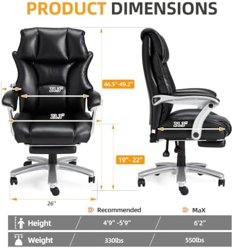 HOMREST Big and Tall Office Chair, 550LBS Heavy Duty Office Chair for Heavy People, Leather Executive Chair with 155° Recline Backrest, Large Back Pocket & Footrest Black