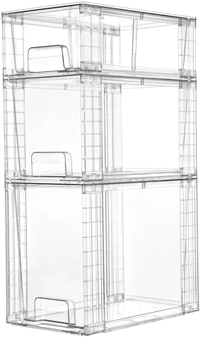 Vtopmart 3 Pack Clear Stackable Storage Drawers,Easy to Assemble Bathroom Organizers and Storage with handles,Plastic Drawers for Kitchen Pantry,Cabinet,Under Sink Organization