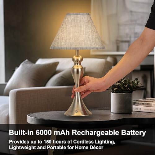 Cordless Table Lamp Rechargeable, Battery Night Light Fabric Shade, Nickel