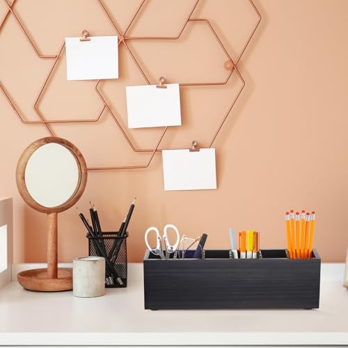 Jetec Wooden Pencil Pen Holder for Desk, Black, 6 Compartments