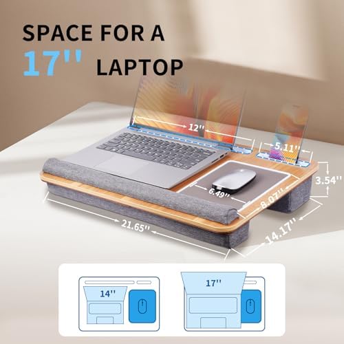 Home Office Lap Desk with Wrist Rest Wrist Rest, Mouse Pad, and Phone Holder Large Laptop Bed Desk for Notebook, Laptop, Tablet, Lap Stand Fits Up to 17 Inch Laptops (Woodgrain)
