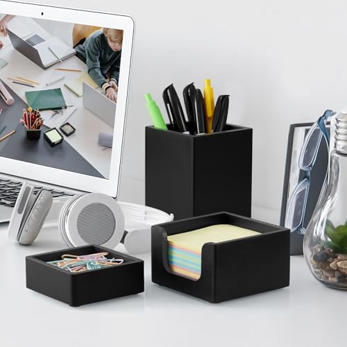 Black Desk Organizer Set of 3 - Wood Office Desk Accessories - Desk Organizers and Accessories for Women Men - Set incl. Pencil Pen Holder, Paperclip Storage and Sticky Note Holder