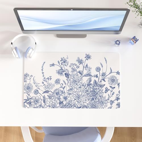 Faux Leather Large Mouse Pad, Office Desk Mat, 23.6"x13.8", Blue Flowers