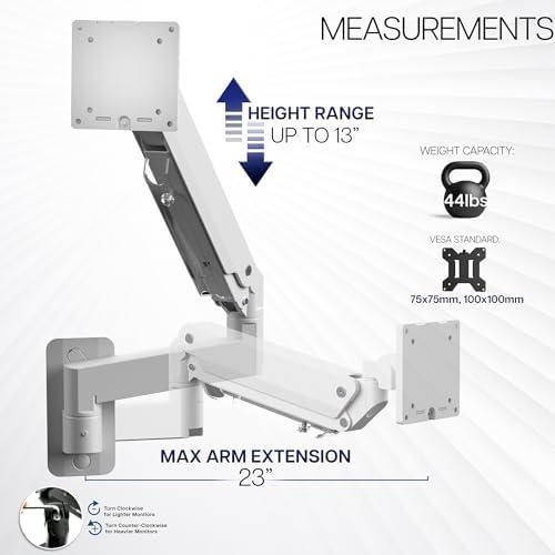 VIVO Premium Aluminum Heavy Duty Monitor Arm for Ultrawide Screens up to 49 inches and 44 lbs, Single Wall Mount, Pneumatic Height, Max VESA 100x100, White, MOUNT-V101G1W