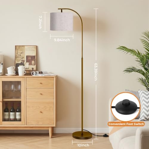 SIBRILLE Floor Lamp with Linen Shade, Arc Dimmable Tall Standing Lamp with Remote Control, Modern Floor Reading Light for Living Room Bedroom Office Corner, 9W LED Bulb Included