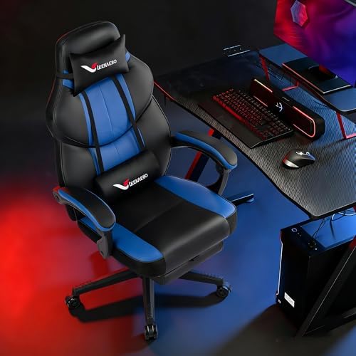 Blue Gaming Chair Big and Tall 400 lbs, Ergonomic Office Chair with Pocket Spring Cushion, Retractable Footrest, Adjustable Recliner, Heavy Duty Leather Office Chair