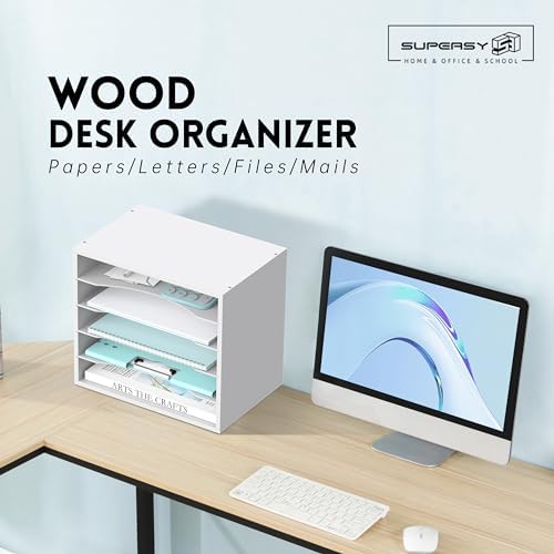 5 Tier Wood Desk Organizer, Mail Sorter and Paper Organizer for Desk, White