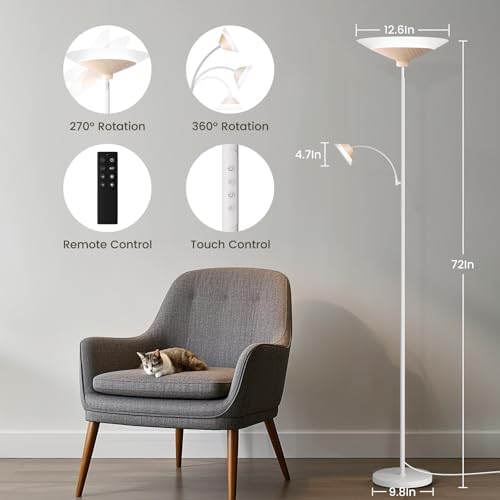 SIBRILLE Torchiere Floor Lamp with Wood Grain Shade, 72" Dimmable LED Standing Lamp with Remote, 2-in-1 Floor Reading Lamp with Color Changing, 34W White Corner Lamp for Living Room Bedroom Office