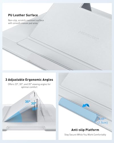 AboveTEK Adjustable Laptop Lap Desk, 3 Ergonomic Angles, PU Leather Non-Slip Surface, Heat Shield, Retractable Mouse Pad, Portable Laptop Lap pad for Bed, Sofa, Travel (Light Gray)