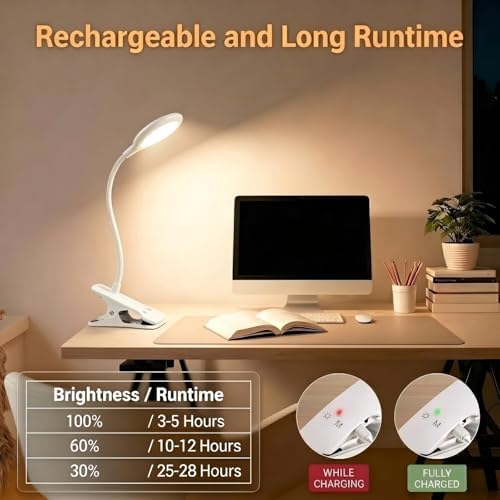 LACOKI Clip on Rechargeable Reading Light for Bed, 3 Color x 3 Brightness 28 LEDs Desk Light, Eye-Caring Desk Lamp with Clamp for Headboard, Table, Desk