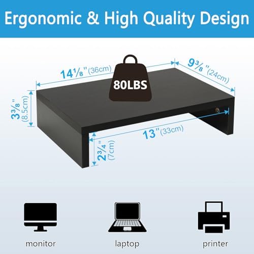 TEAMIX Black Monitor Stand Riser, Wood Desk Organizer for Laptop & Computer