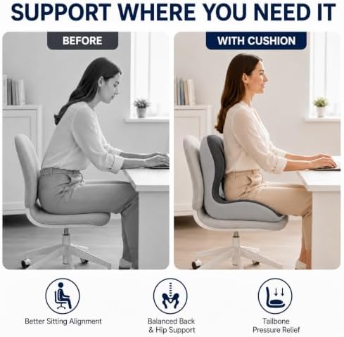 Ergonomic Memory Foam Seat Cushion, L Shaped Lumbar Support Pillow with Tailbone Relief, Orthopedic Chair Pad for Office, Car, Gaming Chair, Travel (Comfort Black & Gray)