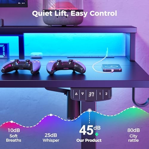 Klicelor Electric Standing Desk with Shelf, 55 Inch Height Adjustable Desk with Power Outlets & LED, Sit Stand Up Table with Monitor Stand, Computer Workstation for Home Office, Black